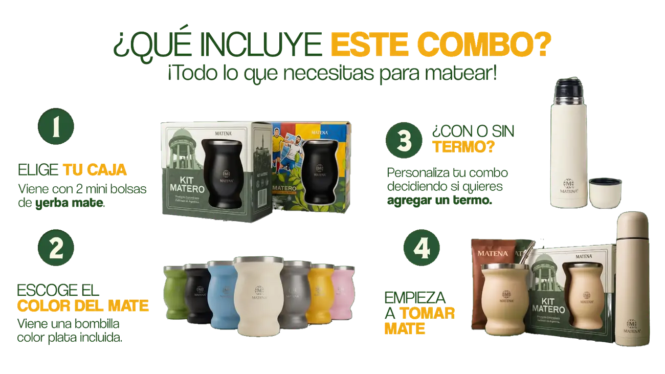 ¿Qué incluye este combo? Kit Matero en 4 pasos: elige tu caja, escoge el color del mate, con o sin termo y empieza a tomar mate