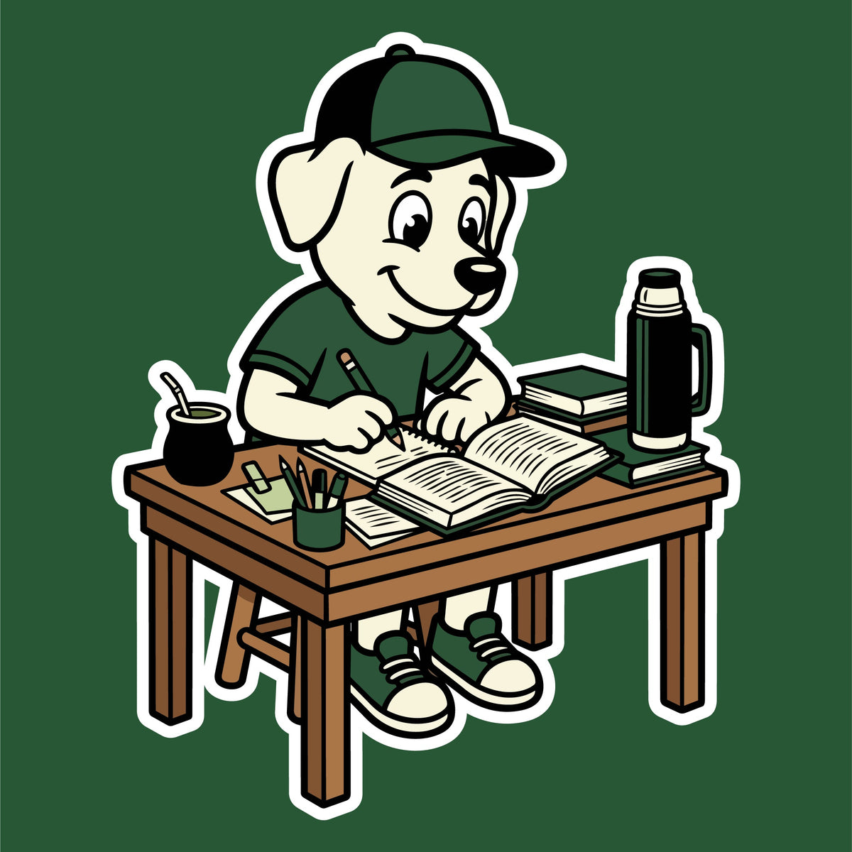 Matenito estudiando en su escritorio con su mate y su termo