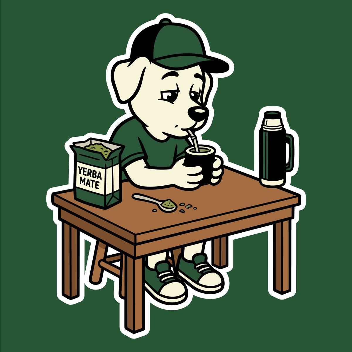Matenito probando su primer mate en la mesa con su bolsa de yerba